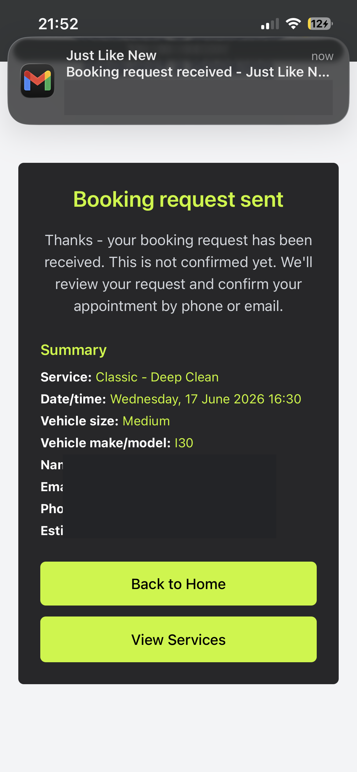 Just Like New Customer confirmation flow screenshot
