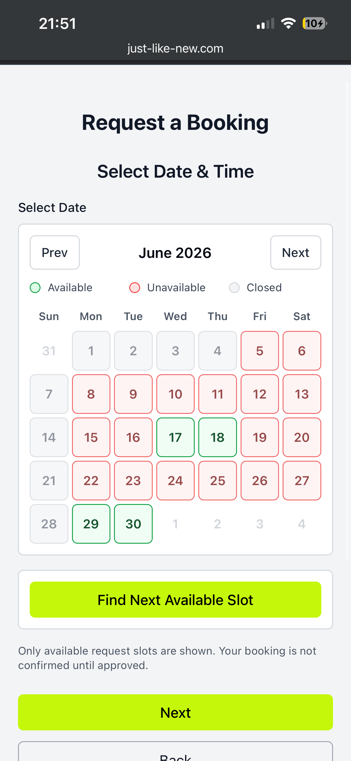 Just Like New Availability-based booking request screenshot