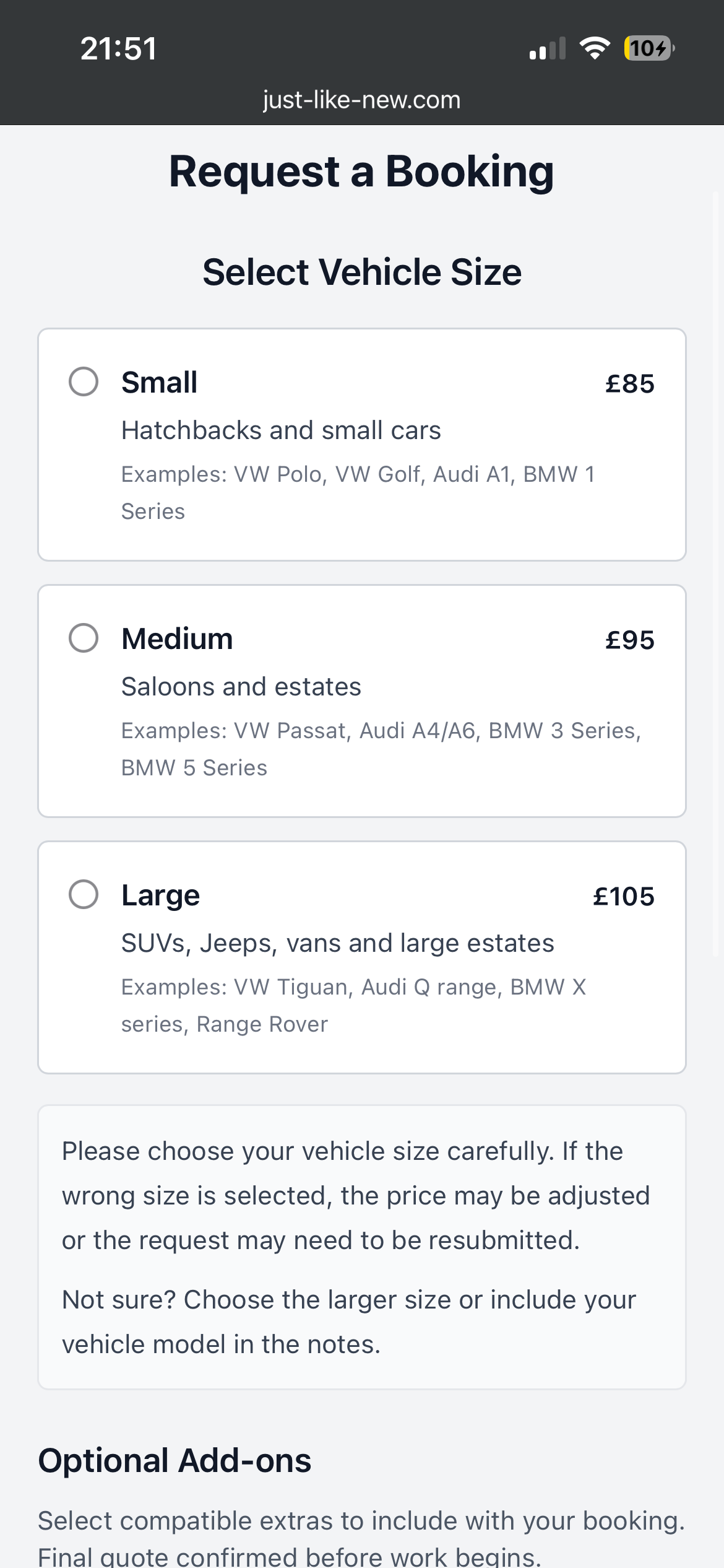 Just Like New Vehicle-size pricing logic screenshot