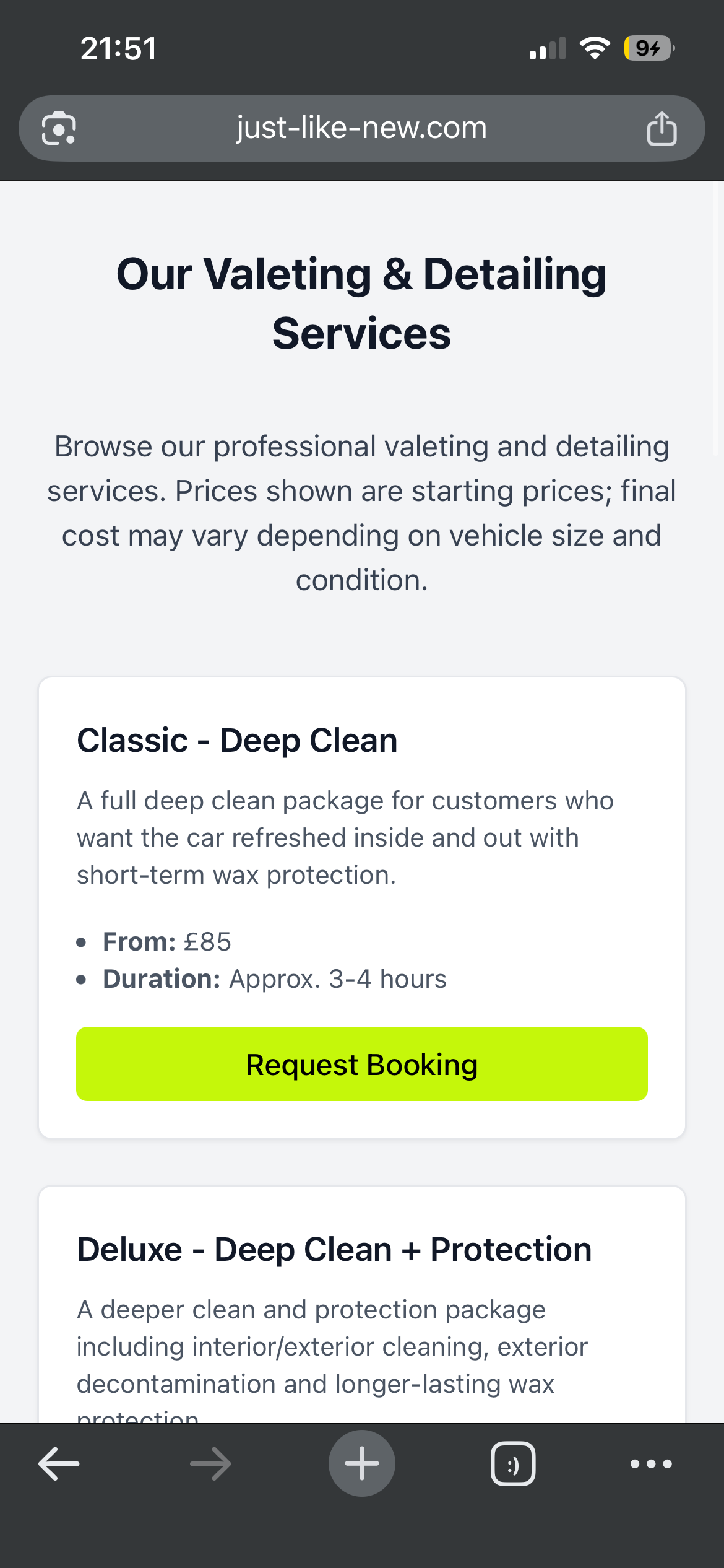 Just Like New Service/package selection screenshot